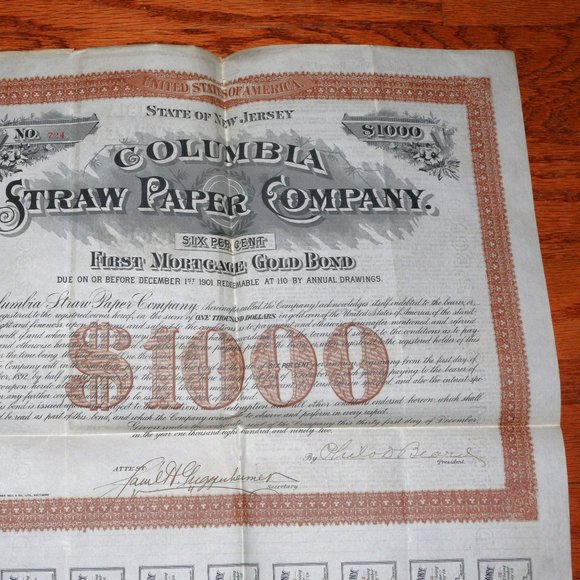 Columbia Straw Paper Company MORTGAGE GOLD BOND $1000 _ 1901 ANTIQUE - Picture 7 of 10